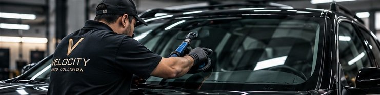 Technician fitting new glass to a vehicle