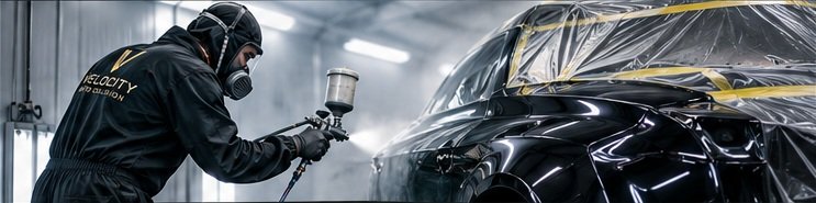 Painter spraying a masked vehicle panel inside the paint booth